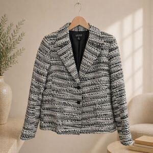Kasper Petite Tweed Blazer Jacket 14P Black White Textured Knit Office Siren Y2K